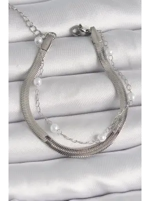 316L Çelik Gümüş Renk 2Li İtalyan Zincir İnci Detay Kadın Bileklik