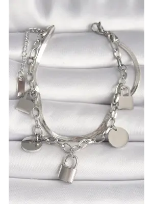 316L Çelik Gümüş Renk 2Li İtalyan Zincir Kilit Figür Kadın Bileklik