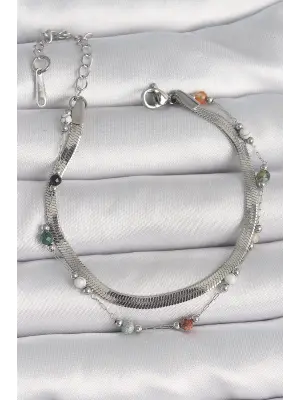 316L Çelik Gümüş Renk 2li İtalyan Zincir Kristal Taş Detay Kadın Bileklik