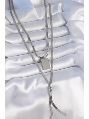  Gümüş  2li İtalyan Zincir Model Plaka Figür  Çelik Kolye