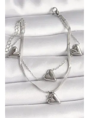 316L Çelik Gümüş Renk 2Li İtalyan Zincir Model Sallantı Kalp Figür Kadın Bileklik