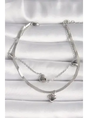 316L Çelik Gümüş Renk 2Li İtalyan Zincir Model Sallantı Kalp Figür Kadın Bileklik