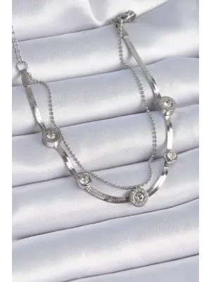 316L Çelik Gümüş Renk 2li İtalyan Zincir Zirkon Taşlı İşleme Detaylı Kadın Bileklik