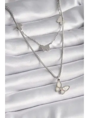  Gümüş  2Li Zincir Model Beyaz Sedefli Kelebek Figür  Çelik Kolye