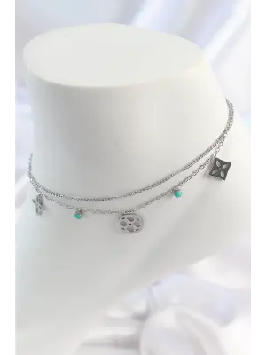 316L Çelik Gümüş Renk 2Li Zincir Rüya Kapanı Figür Mavi Taş Detay Kadın Halhal