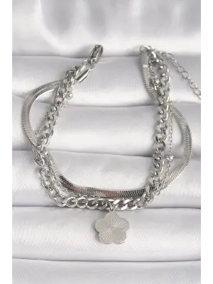 316L Çelik Gümüş Renk 3Lü İtalyan Zincir Model Sallantı Yonca Figür Kadın Bileklik