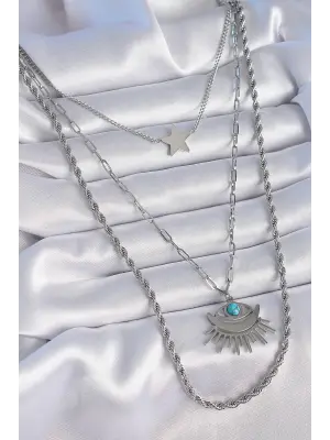  Gümüş  3lü Zincir Model Göz Figür  Çelik Kolye