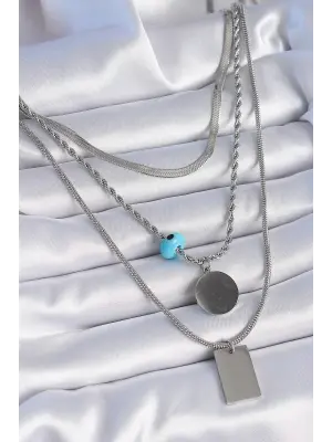  Gümüş  3lü Zincir Model Plaka Figür  Çelik Kolye