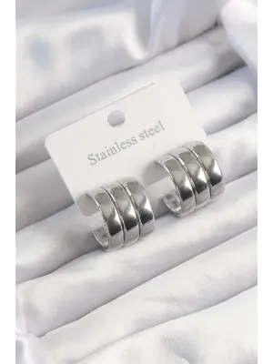   Gümüş 3lü Görünüm Bombe Model Yarım Halka Küpe