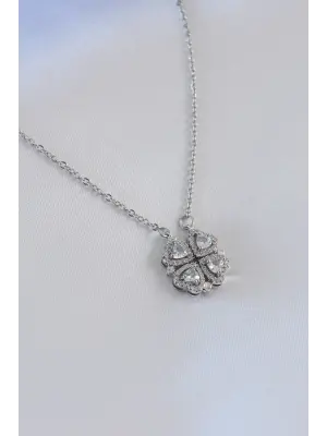  Gümüş  Açılır Yonca Model Zirkon Taşlı  Çelik Kolye