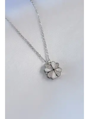  Gümüş  Açılır Yonca Model Zirkon Taşlı  Çelik Kolye