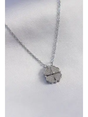  Gümüş  Açılır Zirkon Taşlı Yonca Model  Çelik Kolye