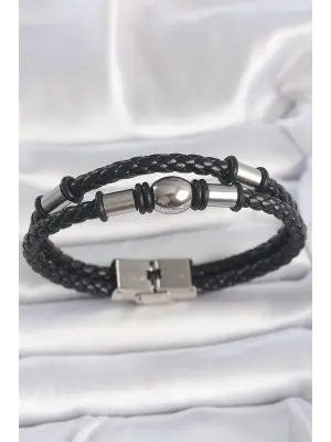 316L Çelik Gümüş Renk Aksesuarlı Çift Sıra Burgu Desenli Deri Kordon Erkek Bileklik