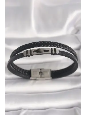 316L Çelik Gümüş Renk Aksesuarlı Çift Sıra Siyah Burgu Desenli Deri Kordon Erkek Bileklik