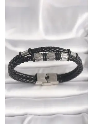 316L Çelik Gümüş Renk Aksesuarlı Siyah Burgu Deri Kordon Model Erkek Bileklik
