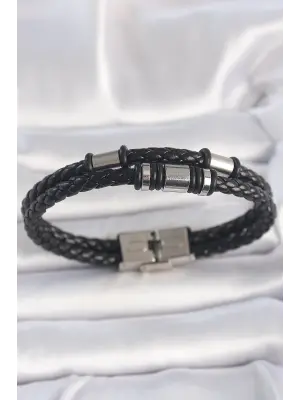 316L Çelik Gümüş Renk Aksesuarlu Çift Sıra Siyah Burgu Desenli Deri Kordon Erkek Bileklik