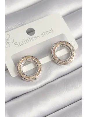   Gümüş Altın Renk Detay Zirkon Taşlı VIP Seri Daire Model Çelik Küpe