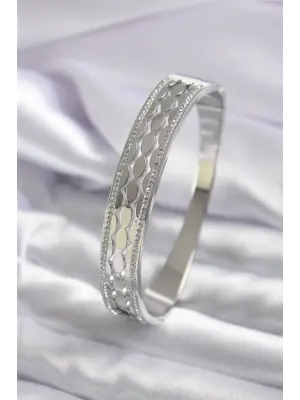 316L Çelik Gümüş Renk Arpa İşleme Zirkon Taş Detay Kadın Kelepçe