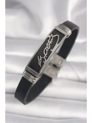 316L Çelik Gümüş Renk Atatürk İşlemeli Deri Kordon Erkek Bileklik