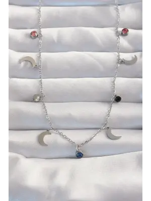  Gümüş  Ay Model li Zirkon Taşlı Çelik Kolye