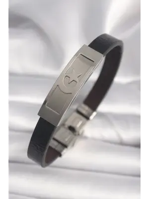 316L Çelik Gümüş Renk Ay Yıldız İşleme Siyah Deri Kordon Erkek Bileklik