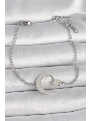 316L Çelik Gümüş Renk Ay Yıldız Model Kadın Bileklik