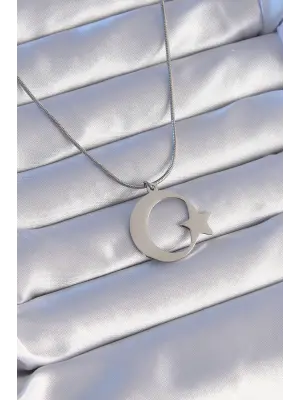  Gümüş  Ay Yıldız Model Unisex Çelik Kolye