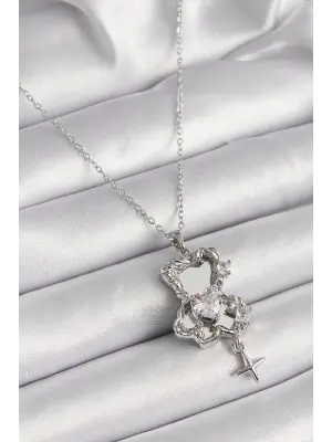  Gümüş  Ayna Ayıcık Model Zirkon Taşlı Kalp Detay  Çelik Kolye