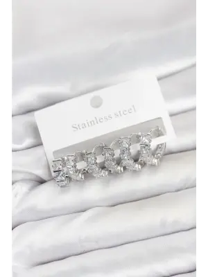 316L Çelik Gümüş Renk Baget Zirkon Taşlı Halka Küpe Seti