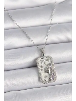  Gümüş  Başak Burcu Zirkon Taşlı  Çelik Kolye