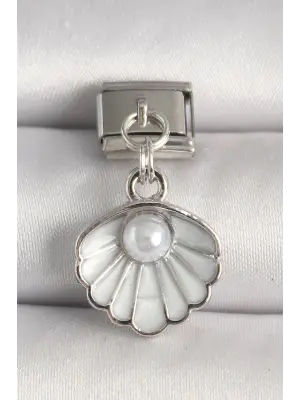 316L Çelik Gümüş Renk Beyaz Deniz Kabuğu Model İnci Detay Nomination Charm