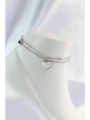 316L Çelik Gümüş Renk Beyaz Kalpli 2li Halhal