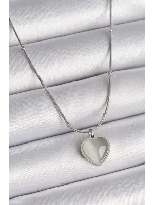  Gümüş  Beyaz Kedi Gözü Sedefli Kalp Model  Çelik Kolye