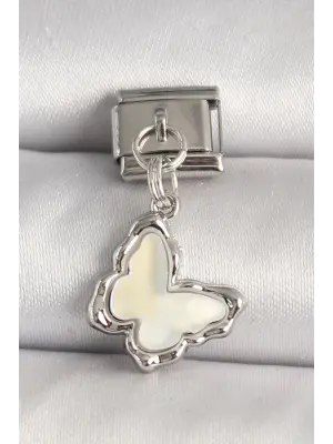 316L Çelik Gümüş Renk Beyaz Kelebek Model Nomination Charm