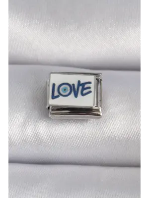 316L Çelik Gümüş Renk Beyaz Mavi Love Yaz İşlemeli Nomination Charm