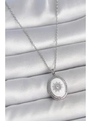316L Çelik Gümüş Renk Beyaz Mineli Güneş İşlemeli Nazar Boncuk Detay Madalyon Model Kadın Kolye