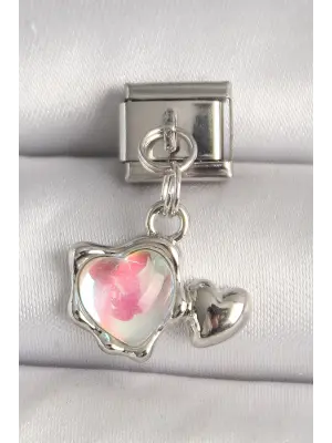316L Çelik Gümüş Renk Beyaz Mineli Kalp Model Nomination Charm