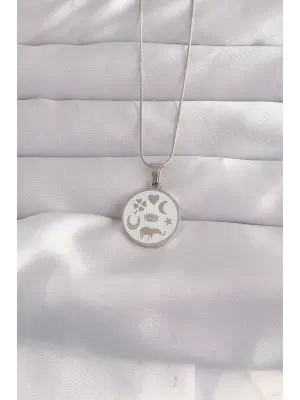  Gümüş  Beyaz Mineli Karışık Figürlü Tarot Çelik Kolye