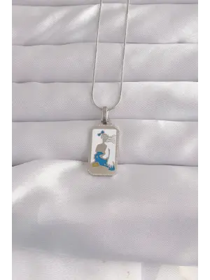  Gümüş  Beyaz Mineli Kız Figür Tarot Çelik Kolye