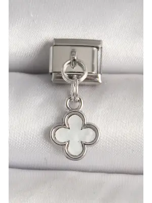 316L Çelik Gümüş Renk Beyaz Mineli Yonca Model Nomination Charm