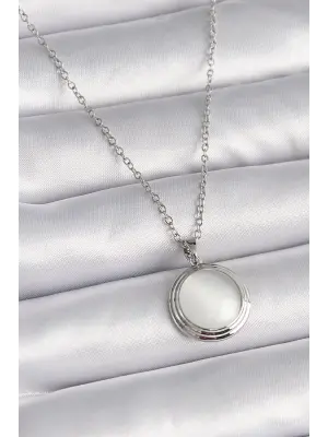  Gümüş  Beyaz Sedefli Daire Model  Çelik Kolye