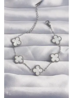 316L Çelik Gümüş Renk Beyaz Sedefli Yonca Bileklik