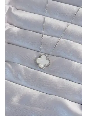  Gümüş  Beyaz Sedefli Yonca Çelik Kolye