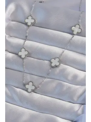  Gümüş  Beyaz Sedefli Yonca Çelik Kolye