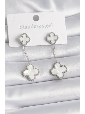   Gümüş Beyaz Sedefli Yonca Model Çelik Küpe