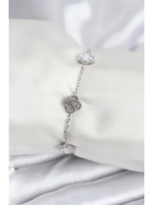 316L Çelik Gümüş Renk Beyaz ve Zirkon Taşlı Baby Boy Yonca Kadın Bileklik