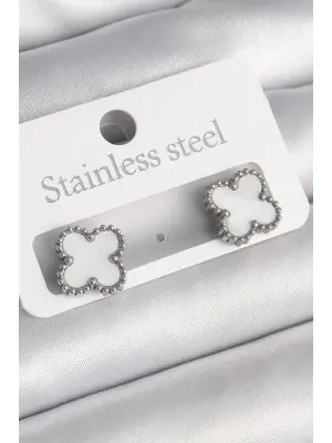   Gümüş Beyaz Yonca Model Çelik Küpe