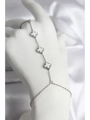 316L Çelik Gümüş Renk Beyaz Yonca Model Kadın Şahmeran