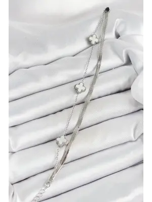 316L Çelik Gümüş Renk Beyaz Yoncalı 2li Kadın Bileklik