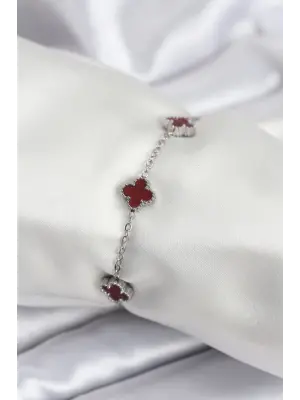 316L Çelik Gümüş Renk Bordo Baby Boy Yonca Kadın Bileklik